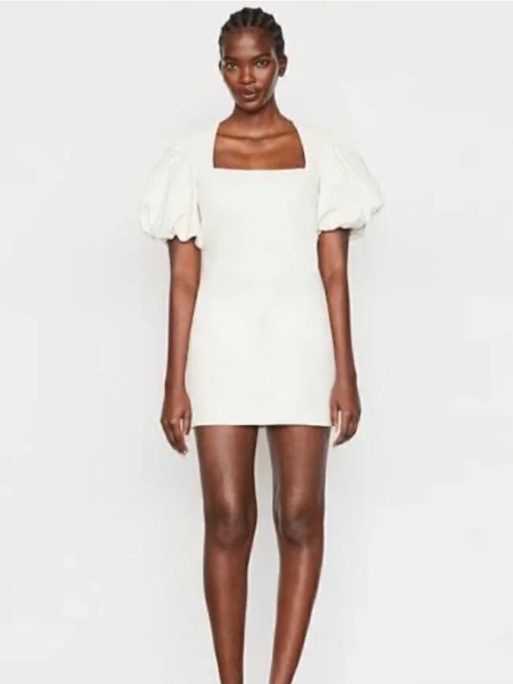 Frame Nina Leather Puff Sleeve Mini Dress in Bone Cream Minimalist Romantic